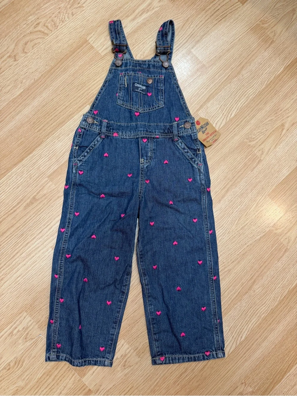 NWT OshKosh B’gosh Girls 3T Denim Overalls Pink Hearts Embroidered Jean Bib